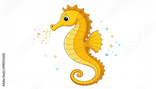 A vibrant yellow cartoon seahorse swimming in water.