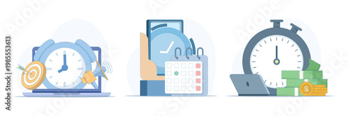 Business time management set illustration with deadline concept, planner, startup agenda, calendar and scheduling workflow, flat vector illustration for productivity themes.