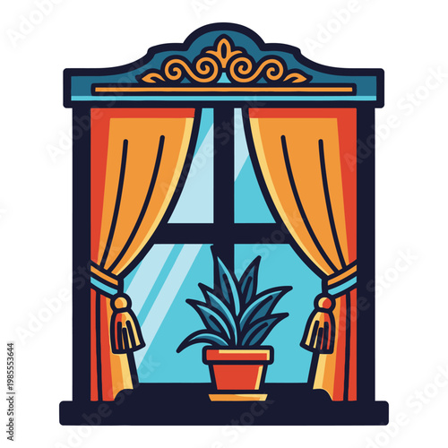 Colorful cartoon window with curtains and potted plant on sill icon