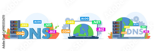 Flat vector set of domain name system with DNS, domain registration, and website naming process, highlighting online presence and cyberspace management concept.