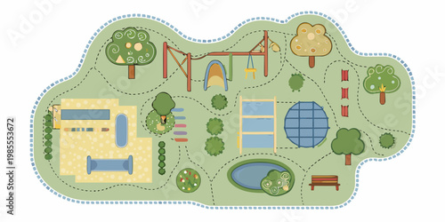 Overhead view of a colorful playground with various play structures