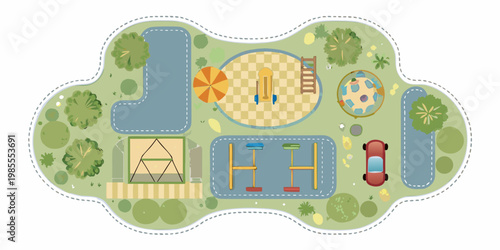 Aerial view of a colorful playground with various recreational elements