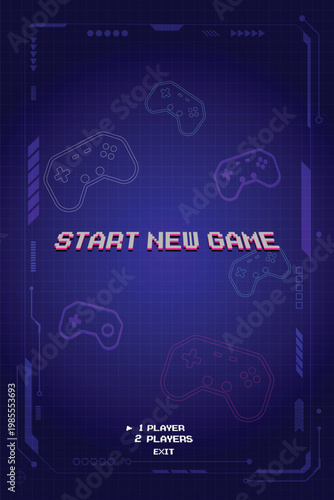 Start new game. Pixel art 8-bit. Modern trendy game background with lighting effect for game assets.