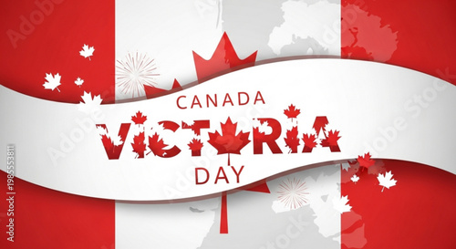 Canada Victoria Day celebration graphic with maple leaves and fireworks national holiday concept for patriotic design vector illustration