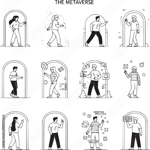flat design illustration of diverse people entering digital metaverse portals for virtual reality concept