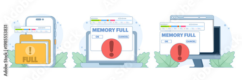Flat vector set depicting full memory storage on a device, displaying storage warning, full folder warning and device cleaning concepts in a modern cartoon style.