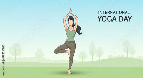Woman practicing Vrikshasana or Tree Pose for International Yoga Day illustration of healthy lifestyle and mindfulness in a serene outdoor setting
