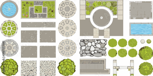 Aerial view of garden elements paths ponds trees and landscaping