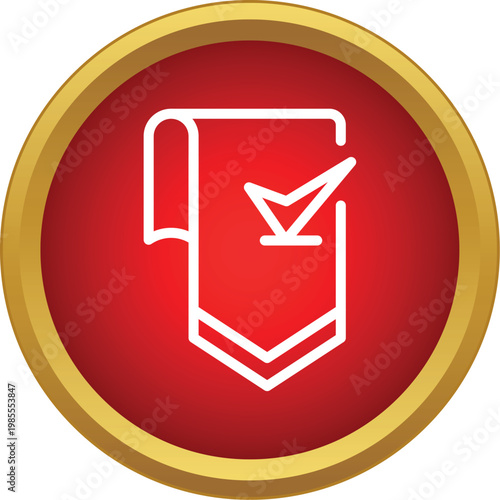 Ribbon with a check mark inside a red and gold circle signifying quality