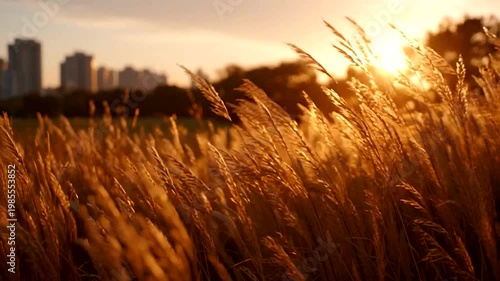 Radiant Sunset Glow Through a Field of Golden Grasses, Casting Warm Hues Across the Landscape with a Distant City Skyline