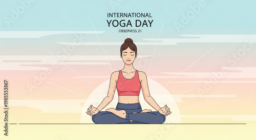 Woman meditating in lotus pose for International Yoga Day serene illustration for wellness and mindfulness concepts flat design with soft gradient background