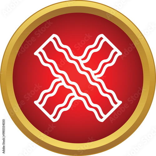 Bacon strips forming an x shape within a red circle and gold ring