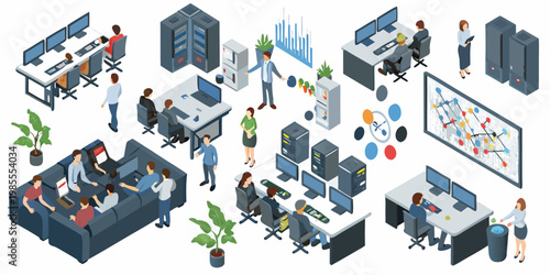 Isometric illustration depicting a busy modern data center and office environment