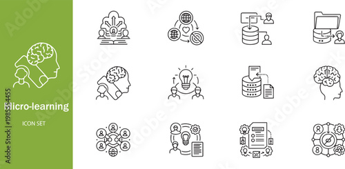 Micro Learning and E-learning Education Line Icon Set - Digital Knowledge, Brain Training, and Online Skills Development Concepts