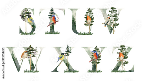 Vector watercolor forest letters with birds for invitation card, poster and other.