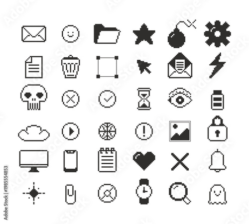 Media communication tools black and white pixel art icon set. App features. Digital functions. Software navigation. Monochrome pixelated vector cliparts. Isolated blocky elements collection