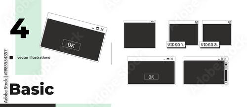 Basic monochrome pixel pop-up window pack. Essential empty dialog boxes. Scrollbar panel and videos. Pixelated blocky interface design. Retro 16bit UI overlays. Solid web popup collection