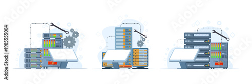 Technical support illustration set with troubleshooting, hardware and software maintenance concepts, suitable for web and mobile pages, fully editable and customizable design.