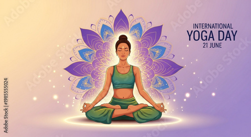 Woman meditating in lotus pose with mandala celebrating International Yoga Day promoting wellness and spiritual balance illustration on gradient background