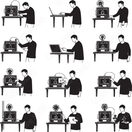 flat design professionals working on vintage computers in office environment vector illustration