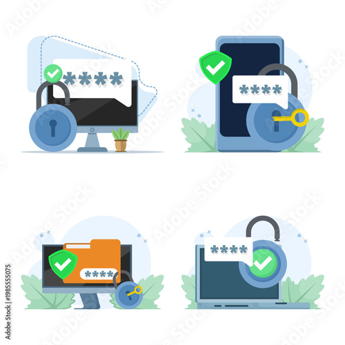 Flat illustration of PIN code protection system set, highlighting secure login, password entry, and user authentication for digital security concepts. flat design illustration on background.