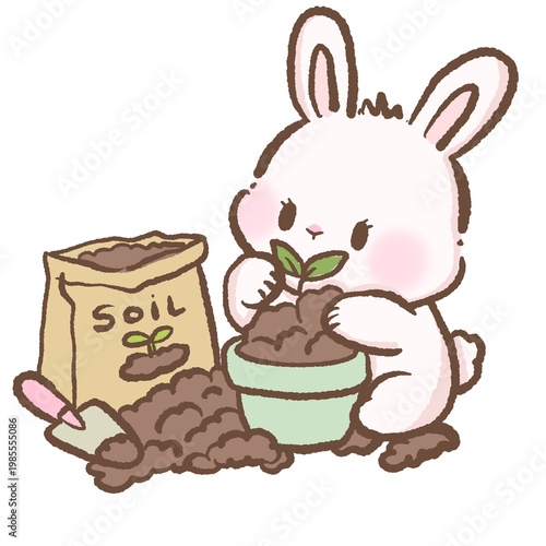Obraz na płótnie Adorable Kawaii Bunny Planting Tiny Seedling In Soil Pot With Gardening Tools Cu