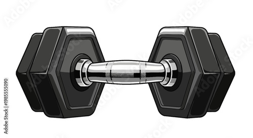 Black metal dumbbell for strength training exercise comic vector illustration fitness equipment for building muscle and power