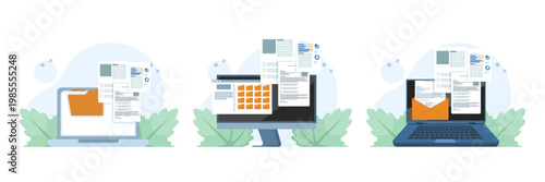 Set of computer files and document illustrations with email attachments, showcasing digital data sharing and online communication processes.