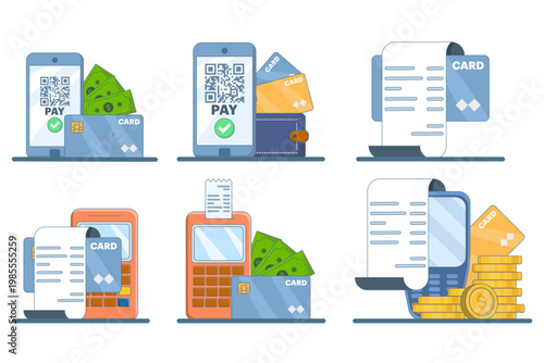 Set of cartoon smartphones with barcode payment apps and bank cards, financial technology concept, premium isolated flat style, perfect for e-wallet, online payment, banking apps, and digital design.