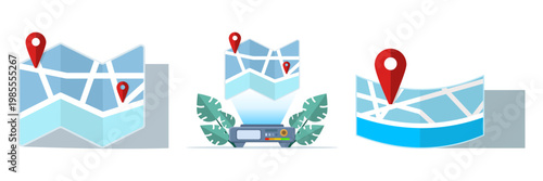 Set of flat vector illustrations for location pointer icons, featuring city map, navigation pins, and marker labels for GPS, mapping, and location tracking concept.