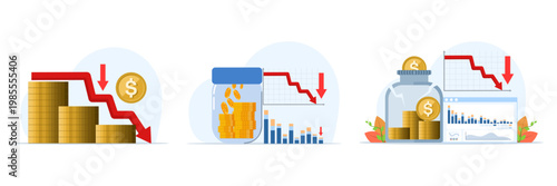 Business bankruptcy and financial crisis illustration set with debt problems, failed investments, and budget collapse, showing economic struggle in modern flat design.