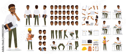 African American Male Engineer Architect Character Constructor Kit Vector – Professional with Multiple Poses Expressions Blueprint Laptop Hardhat and Office Accessories
