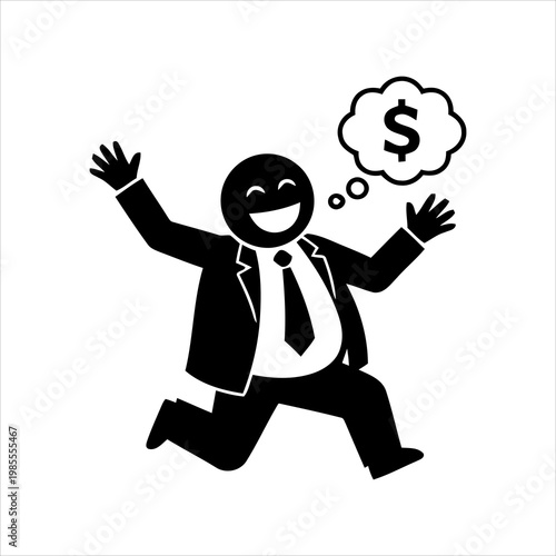 Happy businessman celebrating success with money symbol in thought bubble
