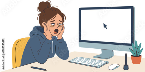Woman sitting at desk looking frustrated at computer screen with keyboard mouse