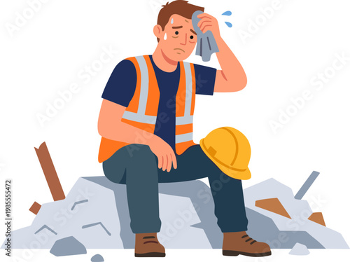 Man sits on rubble with a worried expression wiping sweat with hand on forehead.