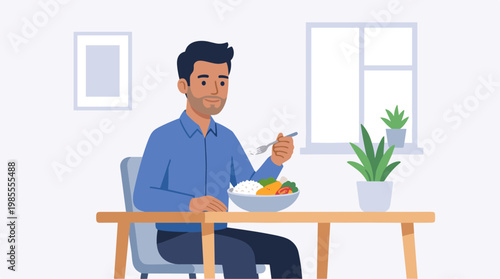 Man eating a meal sitting at a table indoors with a plant