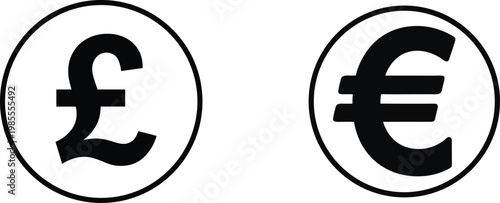Two circular icons featuring the pound sterling and euro currency symbols in bold black and white.