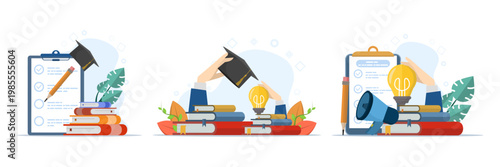 Education and learning illustration set with books, studying, reading, library, and back to school concept, showing knowledge development in flat design style.
