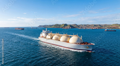 LNG tanker ship sailing on blue ocean near green hills with wind turbines and cargo ships in background under clear sky