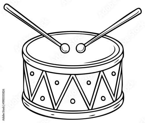 Cartoon drum with drumsticks, percussion instrument, musical equipment design.