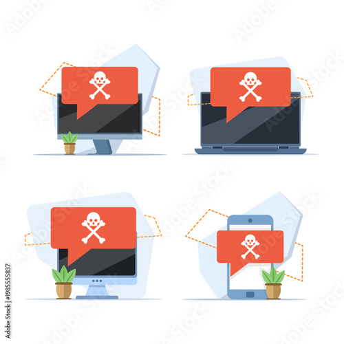 Set of laptop warning notifications featuring malware alerts, spam data, online fraud errors, ransomware messages, and insecure network risks in modern systems.