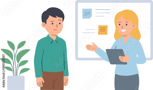 A woman presents information on a whiteboard to a man in an office setting with a plant nearby.