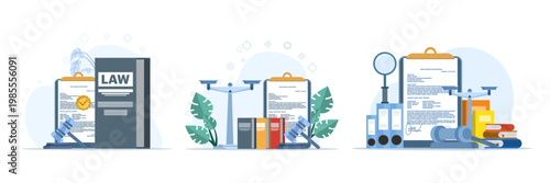 Legal services illustration set showing lawyer consultant, justice system, consultation process, and law firm support, modern flat vector style for business use.