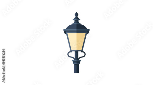 Flat of classic black street lamp with yellow light