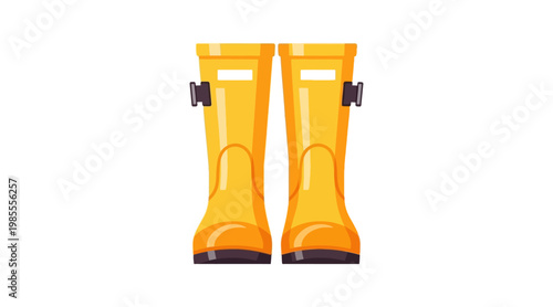 Flat of bright yellow rain boots with black straps