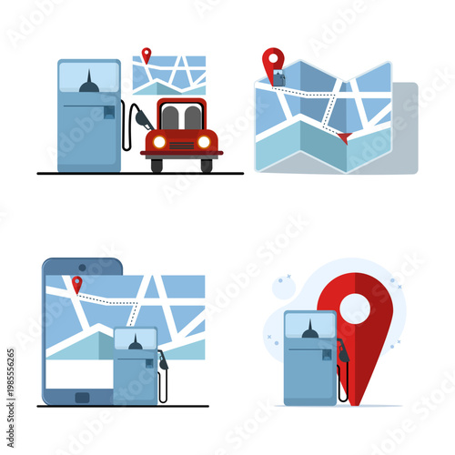 Gas station map pin pointer icon set, fuel and petrol location concept, premium isolated flat vector design, ideal for navigation apps, maps, UI, logistics, transportation, and digital projects.