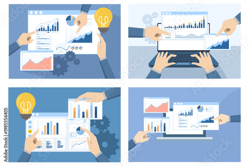 Business brainstorming and presentation illustration set with team collaboration, meetings, discussions, and finance strategy concepts in modern flat design style.