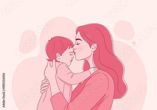 Loving Mother Kisses Her Baby on the Forehead.
