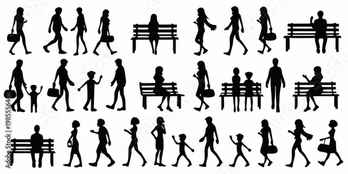 Silhouettes of people walking and sitting on benches in a park