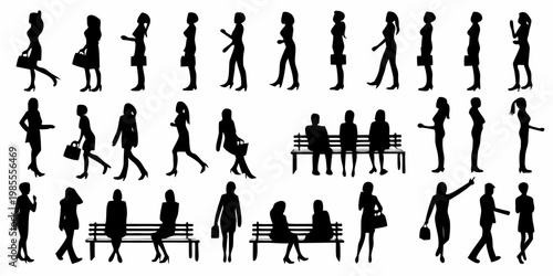 Silhouettes of women walking standing and sitting in a public space